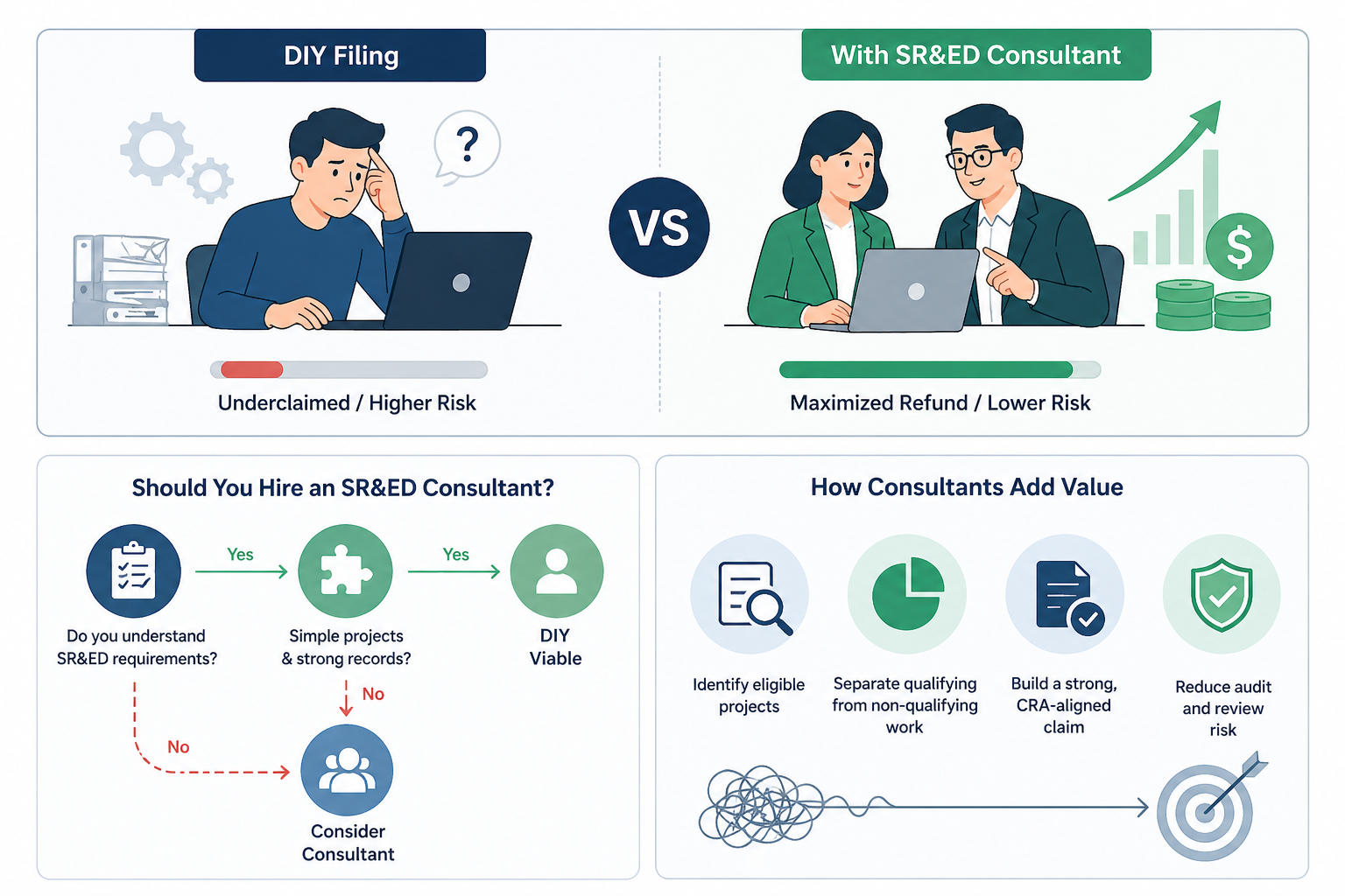 SR&ED DIY filing vs consultant support comparison showing risk and refund differences