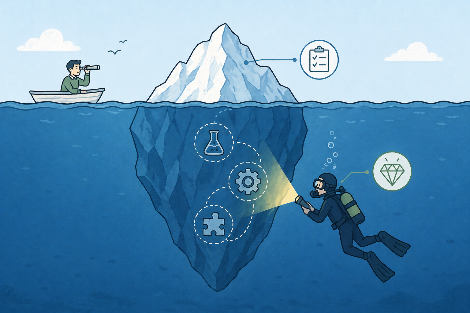 Hidden SR&ED eligible work iceberg showing overlooked projects and partial eligibility